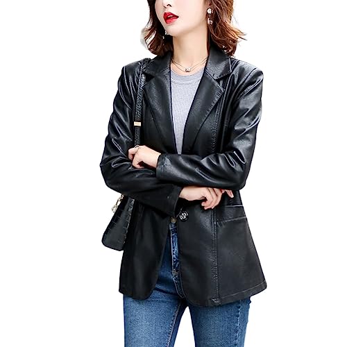 DISSA Damen Kunstleder Schwarz Blazer Jacke Kurz Lose Langarm Knopfleiste Lederjacke Mantel,EU 42,C7005 von DISSA