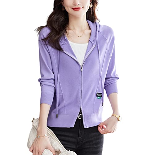 DISSA Damen Lila Leichter Kurz Strickjacke Gestrickte Einfarbige Slim-fit Cardigan Langarm Kapuzen Reißverschluss Strickjacke,46,C6616 von DISSA