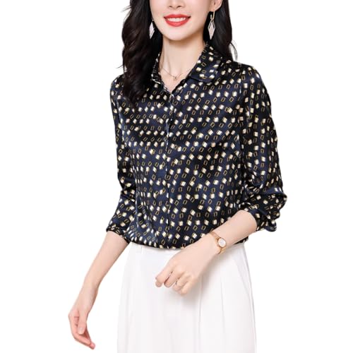 DISSA Damen Marineblau Seidenhemd mit Knopfleiste Langarm Bluse Tunika Seide Tops Casual Kent Druck Oberteile,EU 42,S3559 von DISSA