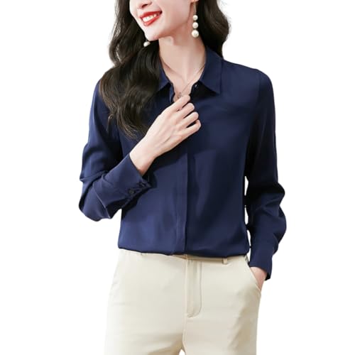 DISSA Damen Marineblau Seidenhemd mit Knopfleiste Langarm Bluse Tunika Seide Tops Casual Kent Einfarbiges Oberteile,EU 44,S3611 von DISSA
