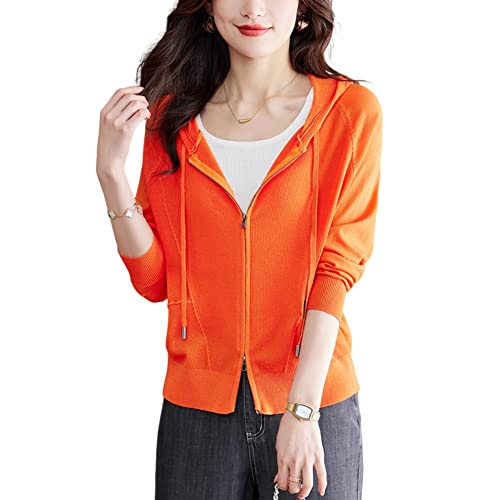 DISSA Damen Orange Leichter Kurz Strickjacke Gestrickte Einfarbige Slim-fit Cardigan Langarm Kapuzen Reißverschluss Strickjacke,40,C6616 von DISSA