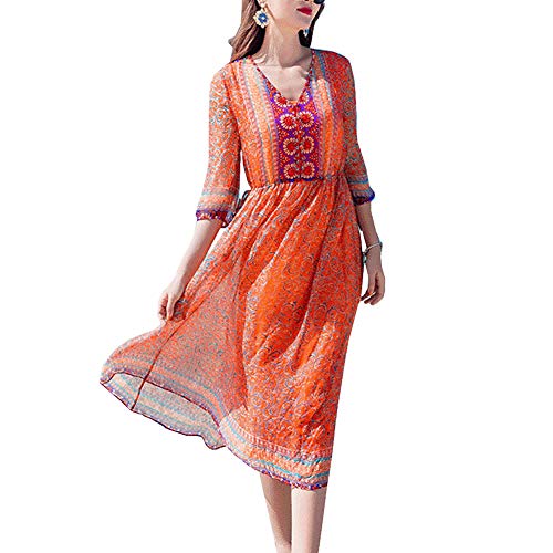 DISSA Damen Orange Seiden Kleid 3/4-Arm V-Ausschnitt Blumen 100% Seiden Langes Seiden Kleid,D9926,L von DISSA