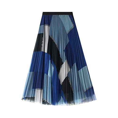 DISSA Damen Plaid Falten Rock Blau Maxi Tüll Rock,Einheitsgröße,S1805 von DISSA