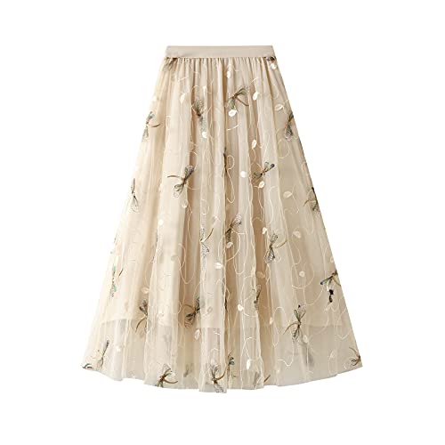 DISSA Damen Printed A-Linie Rock Beige Maxi Tüll Rock,Einheitsgröße,S1810 von DISSA