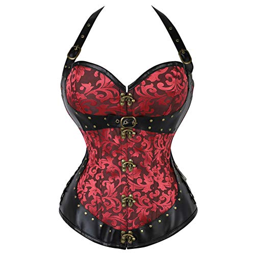 DISSA Damen Retro Schnürt Sich Corsage Korsett Faux Leder G-String Top Korsett Stahl entbeint,C702,Rot,M von DISSA