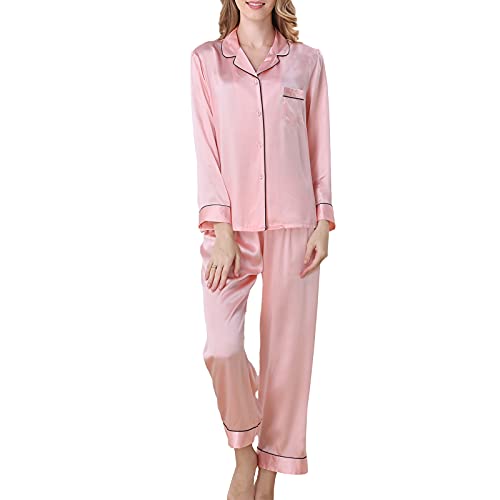 DISSA Damen Rosa Einfach 100% Seide Pyjama-Set Oberteil und Capri-Hose Schlafanzug Langarm 19 Momme Seidenpyjama,M,T8002 von DISSA