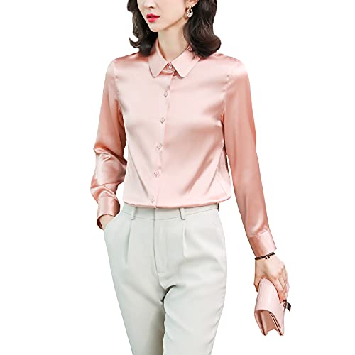 DISSA Damen Rosa Hemdbluse Seide Solide Button Down Hemden Damenbluse Langarm Revers Seidenbluse,L,S6630 von DISSA