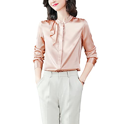 DISSA Damen Rosa Hemdbluse Seide Solide Button Down Hemden Damenbluse Langarm Stehkragen Seidenbluse,XL,S6625 von DISSA