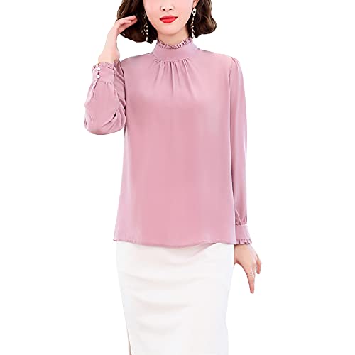 DISSA Damen Rosa Hemdbluse Seide Solide Jumper Hemden Damenbluse Langarm Stehkragen Seidenbluse,M,S1906 von DISSA