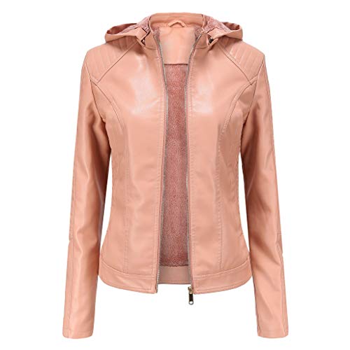 DISSA Damen Rosa Kunstleder Freizeitjacke Lederjacke Schlank Reißverschluss mit Kapuze Kurz Mantel,38,P6677 von DISSA