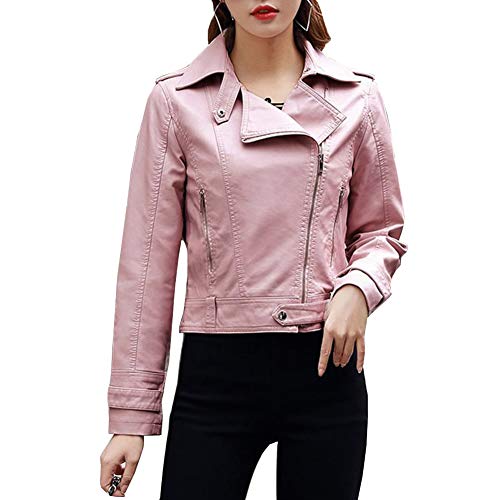 DISSA Damen Rosa Kunstleder Motorrad Jacke Lederjacke Schlank Reißverschluss Revers Kurz Mantel,P025,M von DISSA