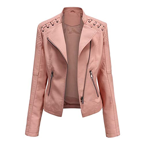 DISSA Damen Rosa Kunstleder Motorrad Jacke Lederjacke Schlank Reißverschluss Stehkragen Kurz Mantel,46,P6638 von DISSA