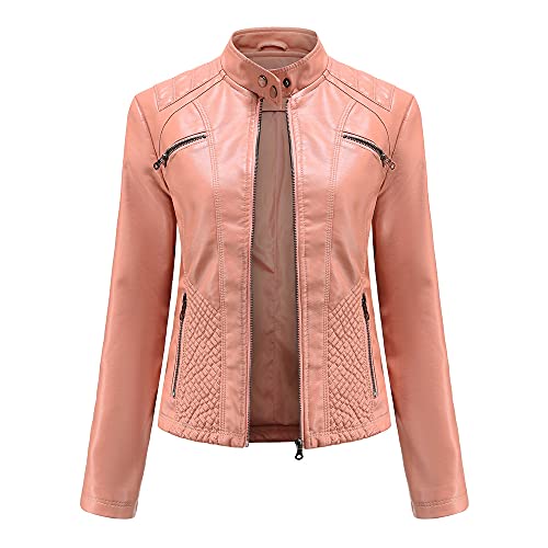 DISSA Damen Rosa Lederjacke Schlank Kurz Kunstleder Stehkragen Jacket Reißverschluss Motorrad Jacke für Frühling und Herbst,L,C03N von DISSA