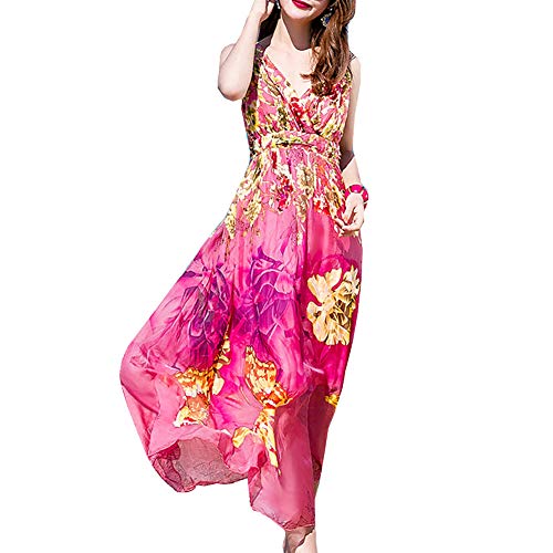 DISSA Damen Rosa Seiden Kleid Ohne Arm Trägerlos Blumen 100% Seiden Langes Seiden Kleid,D8020,L von DISSA