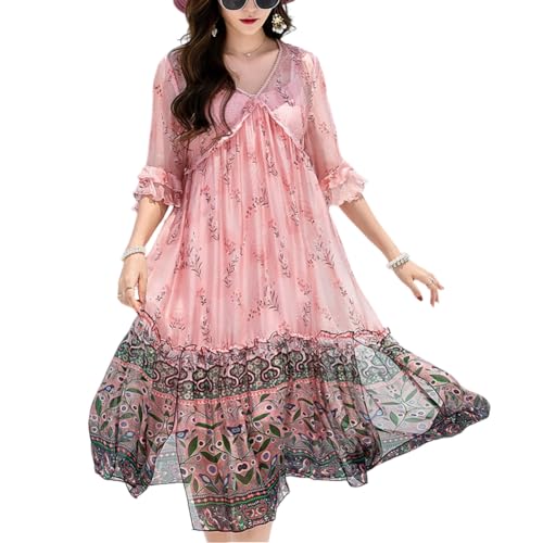 DISSA Damen Rosa Seidenkleid Blumen V-Ausschnitt Kurzarm 100% Seide Kleid Luftiges Hoch Taillierte Rüschen Knielanges Mulberry Seidenkleid,EU 44,D2202 von DISSA