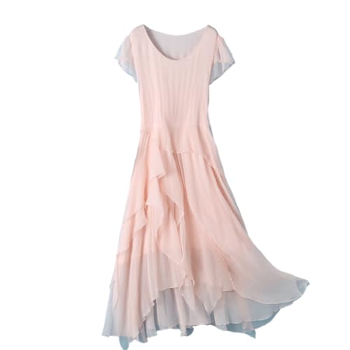 DISSA Damen Rosa Seidenkleid Einfarbiges Rundhals Ohne Arm 100% Seide Kleid Luftiges Slim unregelmäßiges Knielanges Mulberry Seidenkleid,EU 42,D6608 von DISSA