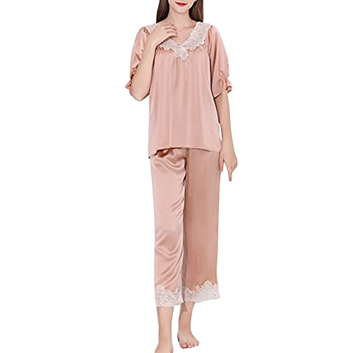 DISSA Damen Rosa Spitze 100% Seide Pyjama-Set Oberteil und Capri-Hose Schlafanzug Kurzarm 19 Momme Seidenpyjama,XXL,T8264 von DISSA