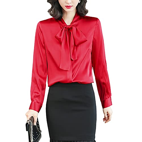 DISSA Damen Rot Hemdbluse Seide Solide Button Down Hemden Damenbluse Langarm Krawatte Seidenbluse,XXL,S6620 von DISSA