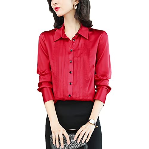 DISSA Damen Rot Hemdbluse Seide Solide Button Down Hemden Damenbluse Langarm Revers Seidenbluse,L,S6619 von DISSA