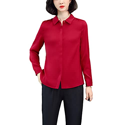 DISSA Damen Rot Hemdbluse Seide Solide Button Down Hemden Damenbluse Langarm Revers Seidenbluse,M,S3369 von DISSA