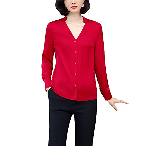DISSA Damen Rot Hemdbluse Seide Solide Button Down Hemden Damenbluse Langarm V-Ausschnitt Seidenbluse,XL,S3366 von DISSA