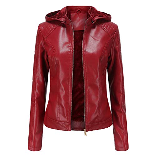 DISSA Damen Rot Kunstleder Freizeitjacke Lederjacke Schlank Reißverschluss mit Kapuze Kurz Mantel,40,P6677 von DISSA