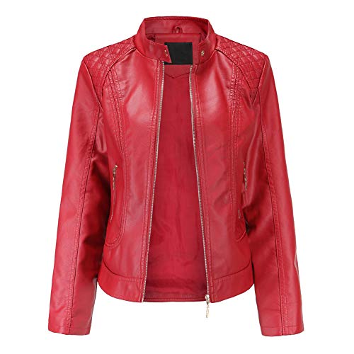 DISSA Damen Rot Kunstleder Motorrad Jacke Lederjacke Schlank Reißverschluss Stehkragen Kurz Mantel,36,PB536 von DISSA