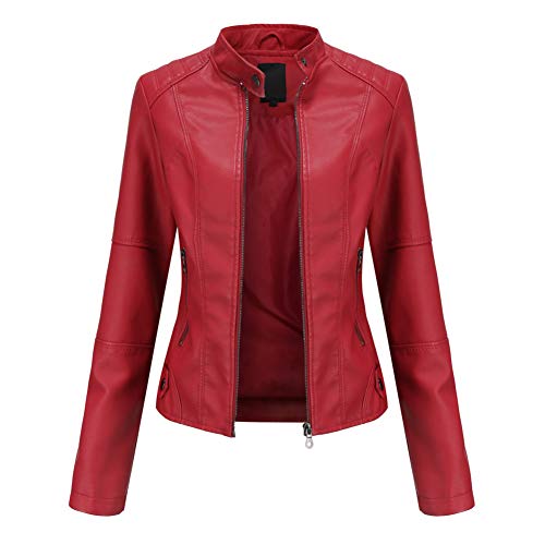 DISSA Damen Rot Kunstleder Motorrad Jacke Lederjacke Schlank Reißverschluss Stehkragen Kurz Mantel,42,PN767 von DISSA