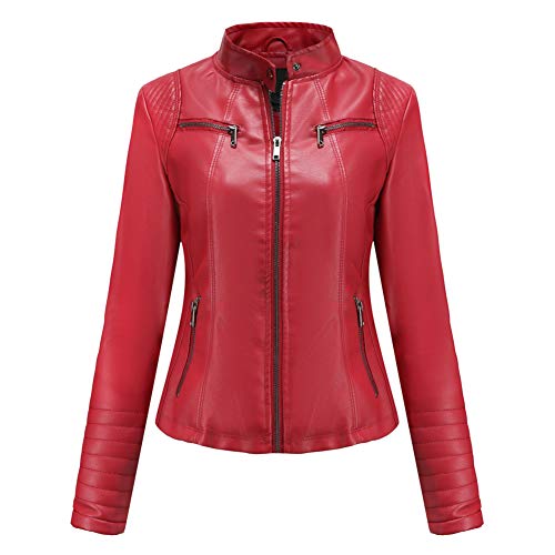 DISSA Damen Rot Kunstleder Motorrad Jacke Lederjacke Schlank Reißverschluss Stehkragen Kurz Mantel,38,PN788 von DISSA