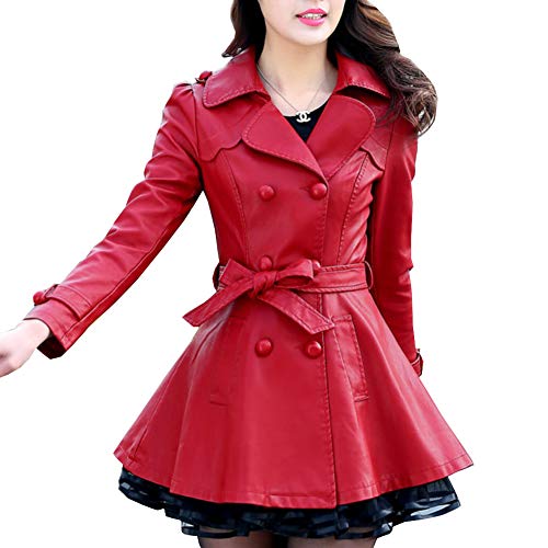 DISSA Damen Rot Kunstleder Trench Jacke Lederjacke Schlank Schaltfläche Revers Mittlere Länge Mantel,P730,5XL von DISSA