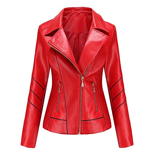 DISSA Damen Rot Lederjacke Schlank Kurz Kunstleder Revers Jacket Reißverschluss Motorrad Jacke für Frühling und Herbst,4XL,C256N von DISSA