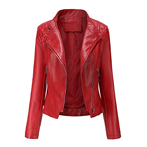 DISSA Damen Rot Lederjacke Schlank Kurz Kunstleder Revers Jacket Reißverschluss Motorrad Jacke für Frühling und Herbst,L,C5087N von DISSA