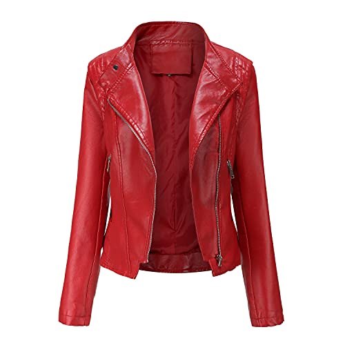 DISSA Damen Rot Lederjacke Schlank Kurz Kunstleder Revers Jacket Reißverschluss Motorrad Jacke für Frühling und Herbst,M,C5087N von DISSA