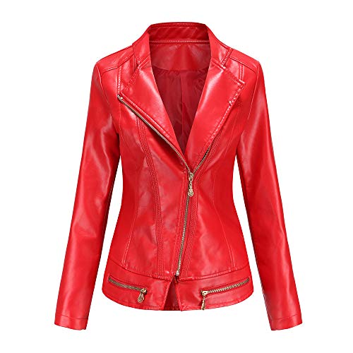 DISSA Damen Rot Lederjacke Schlank Kurz Kunstleder Stehkragen Jacket Reißverschluss Motorrad Jacke für Frühling und Herbst,L,C257N von DISSA