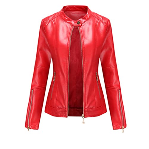 DISSA Damen Rot Lederjacke Schlank Kurz Kunstleder Stehkragen Jacket Reißverschluss Motorrad Jacke für Frühling und Herbst,L,C258N von DISSA