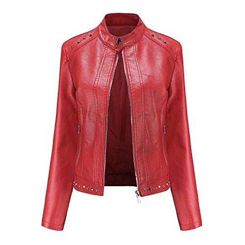 DISSA Damen Rot Lederjacke Schlank Kurz Kunstleder Stehkragen Jacket Reißverschluss Motorrad Jacke für Frühling und Herbst,XL,C5092N von DISSA