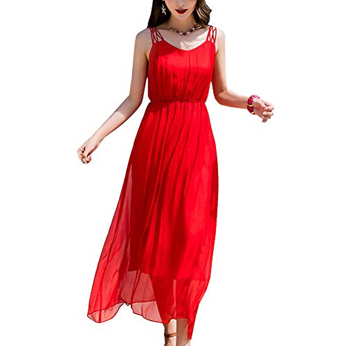 DISSA Damen Rot Seiden Kleid Ohne Arm Trägerlos Solide 100% Seiden Langes Seiden Kleid,D8033,L von DISSA