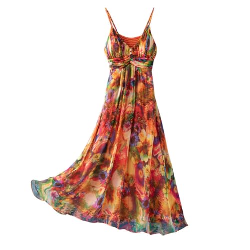 DISSA Damen Rot Seidenkleid Blumen Schulterfreies Ohne Arm 100% Seide Kleid Luftiges Hoch Taillierte Träger Langes Mulberry Seidenkleid,EU 36,D8836 von DISSA