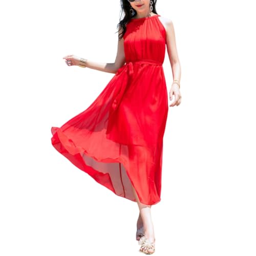 DISSA Damen Rot Seidenkleid Einfarbiges Halter Ohne Arm 100% Seide Kleid Luftiges Hoch Taillierte Gürtel Langes Mulberry Seidenkleid,EU 44,D1962 von DISSA