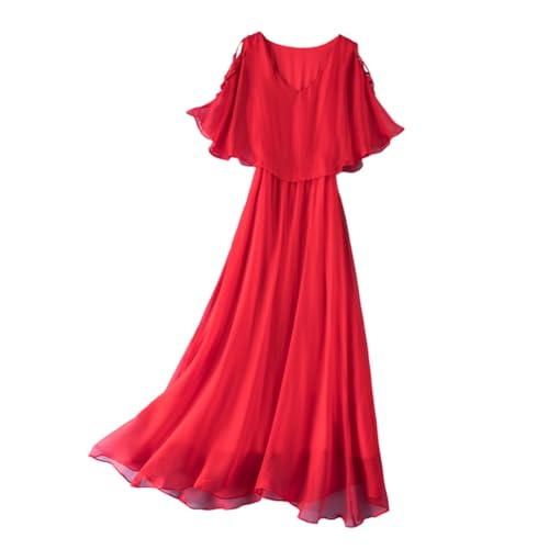 DISSA Damen Rot Seidenkleid Einfarbiges V-Ausschnitt Ohne Arm 100% Seide Kleid Luftiges Elastische Taillen Rüschen Langes Mulberry Seidenkleid,EU 44,D6602 von DISSA