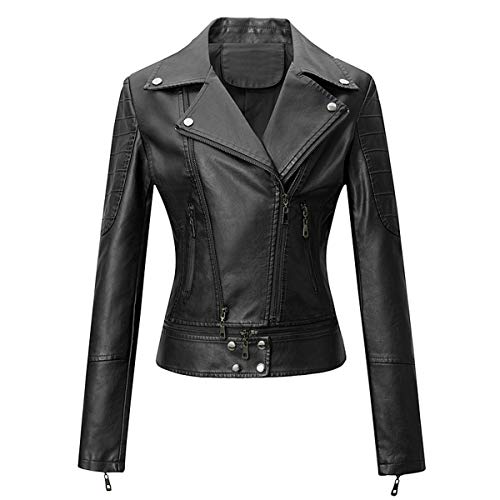 DISSA Damen Schwarz-1 Kunstleder Motorrad Jacke Lederjacke Schlank Reißverschluss Revers Kurz Mantel,P8820,S von DISSA