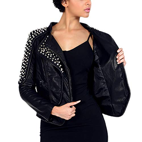 DISSA Damen Schwarz-2 Lederjacke Kunstleder Bikerjacke mit Reißverschluss,PWA13,L von DISSA