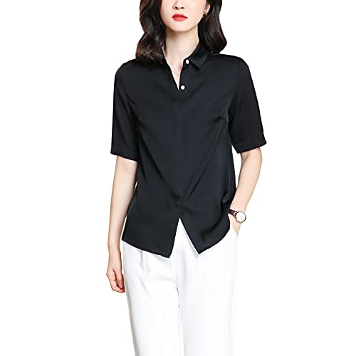DISSA Damen Schwarz Hemdbluse Seide Solide Button Down Hemden Damenbluse Kurzarm Revers Seidenbluse,XXL,S3350 von DISSA