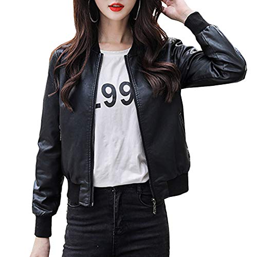 DISSA Damen Schwarz Kunstleder Bomberjacke Lederjacke Schlank Reißverschluss Stehkragen Kurz Mantel,P5816,3XL von DISSA