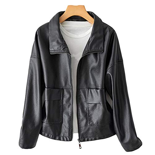 DISSA Damen Schwarz Kunstleder Freizeitjacke Lederjacke Entspannt Schaltfläche Stehkragen Kurz Mantel,P2815,M von DISSA