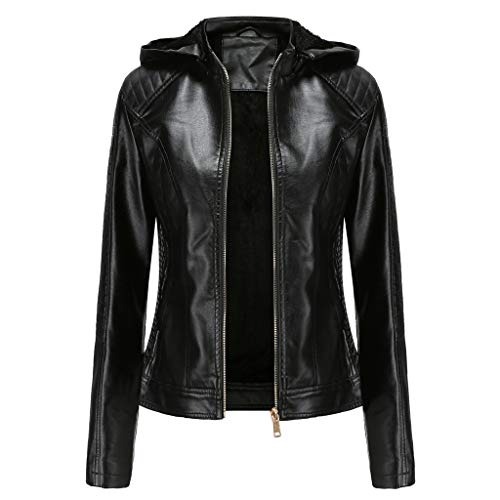 DISSA Damen Schwarz Kunstleder Freizeitjacke Lederjacke Schlank Reißverschluss mit Kapuze Kurz Mantel,38,P6677 von DISSA