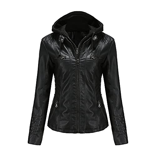 DISSA Damen Schwarz Kunstleder Motorrad Jacke Lederjacke Jahrgang Schlank mit Kapuze Kurz Mantel,PP005,3XL von DISSA