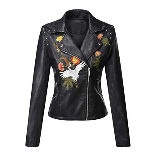 DISSA Damen Schwarz Kunstleder Motorrad Jacke Lederjacke Niet Stickerei Revers Kurz Mantel,P30086,XXL von DISSA