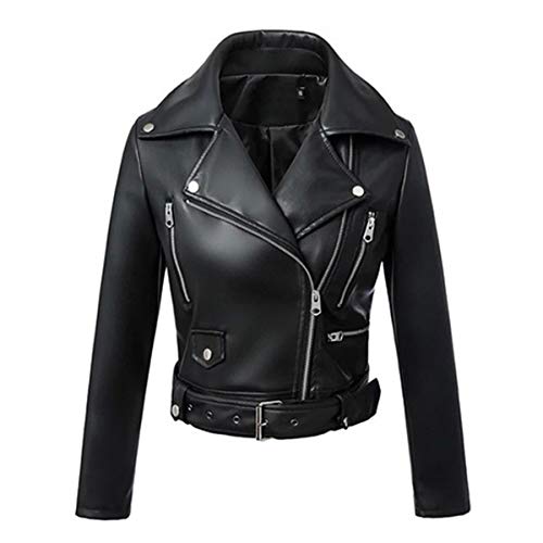 DISSA Damen Schwarz Kunstleder Motorrad Jacke Lederjacke Schlank Reißverschluss Revers Kurz Mantel,P12002,L von DISSA