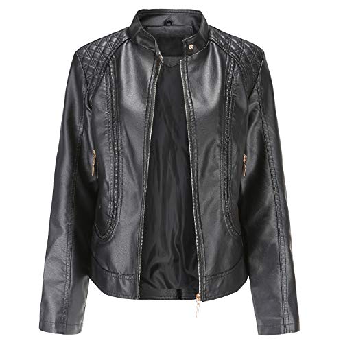 DISSA Damen Schwarz Kunstleder Motorrad Jacke Lederjacke Schlank Reißverschluss Stehkragen Kurz Mantel,46,PB536 von DISSA